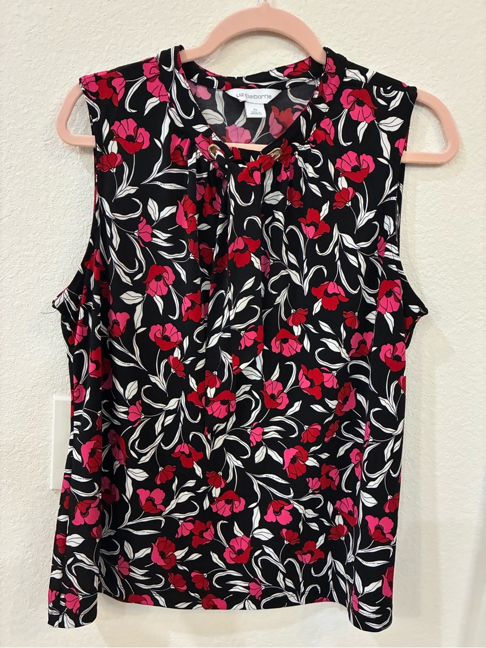 Liz Claiborne Black Floral Tie‑Neck Sleeveless Blouse | Size XL (EUC)